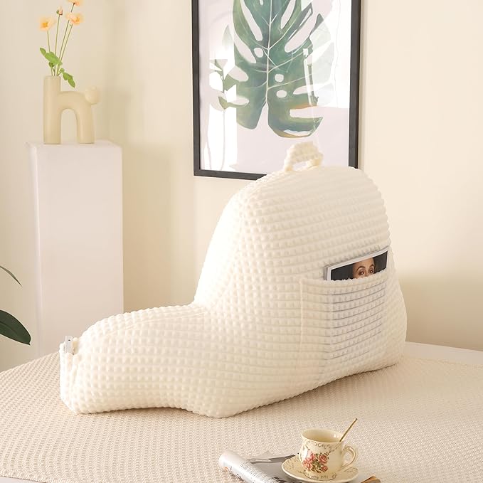 PAJEO Reading Pillow for Sitting in Bed, Large Backrest Reading Pillow with Arm Rest,Back-Rest Support Cushion for Sit Up on Couch, Sofa, and Floor, Dorm Essentials (Cream Flannel, Standard(17inch))