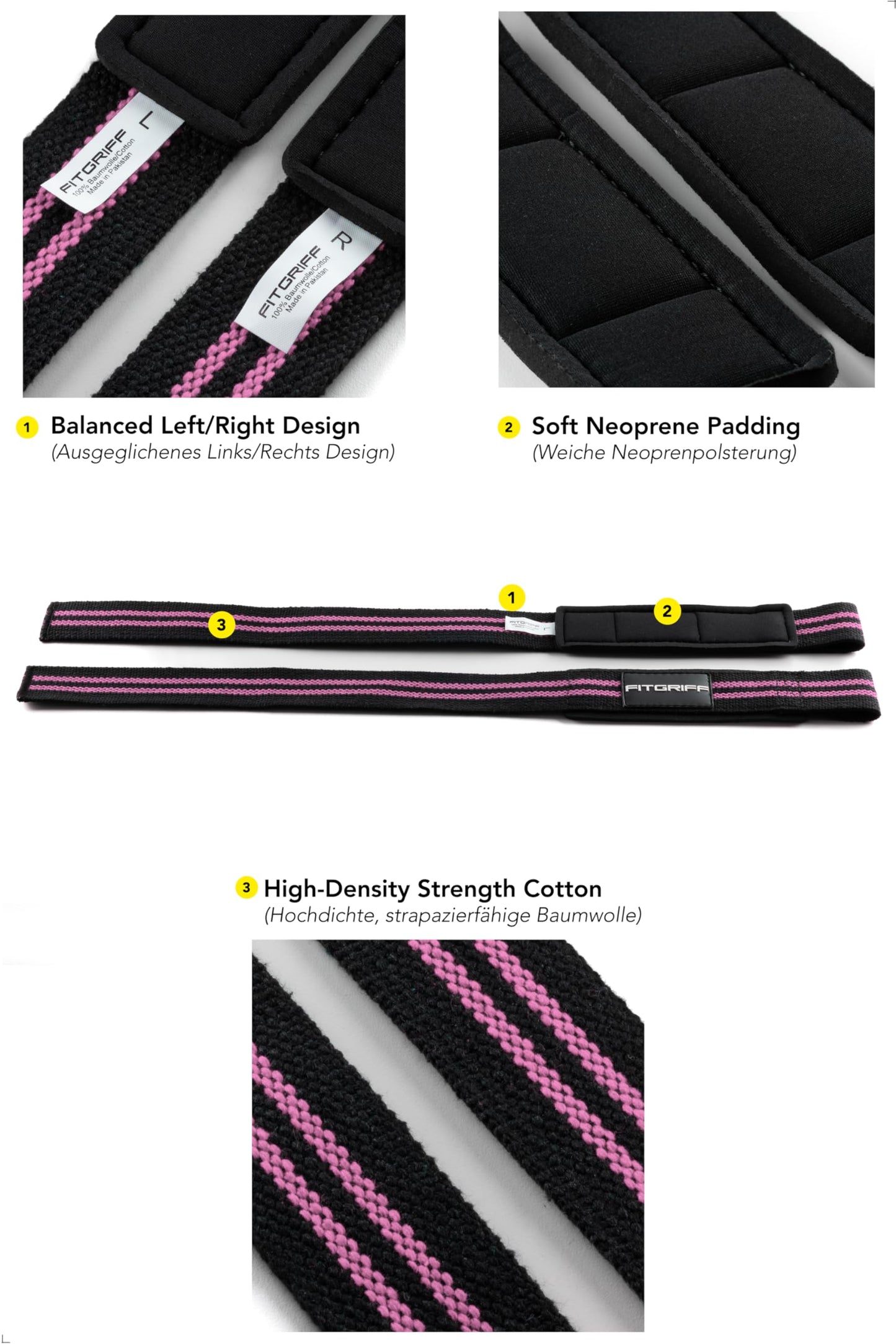 Fitgriff® Lifting Wrist Straps for Weightlifting, Gym, Deadlift, Workout (Made of Premium Cotton & Padded) - Men & Women (Standard, Black/Pink)