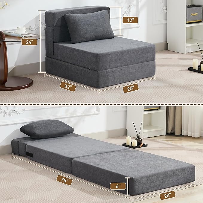 WUTUTUEE Folding Sofa Bed Convertible Floor Couch Foldable Chair Bed with Pillow，Linen Sleeper Chair Futon,Foldable Memory Foam Mattress for Bedroom/Living Room/Dorm/Office (Dark Grey, Single)