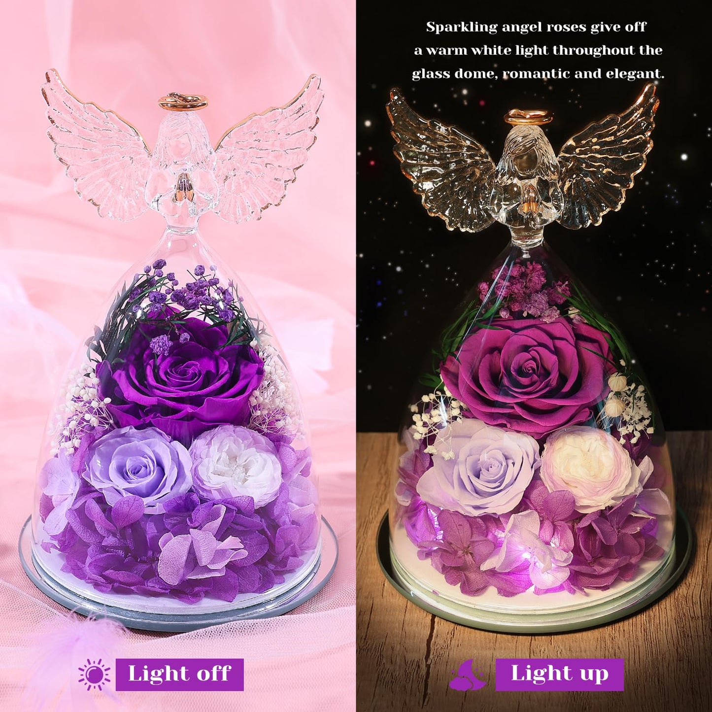 FIACO Gifts for Women Mom Preserved Rose Forever Flower in Glass Angel Figurine Fresh Flowers for Delivery Prime Birthday Gifts for Grandma Wife Sister Christmas Anniversary Eternal Purple Roses