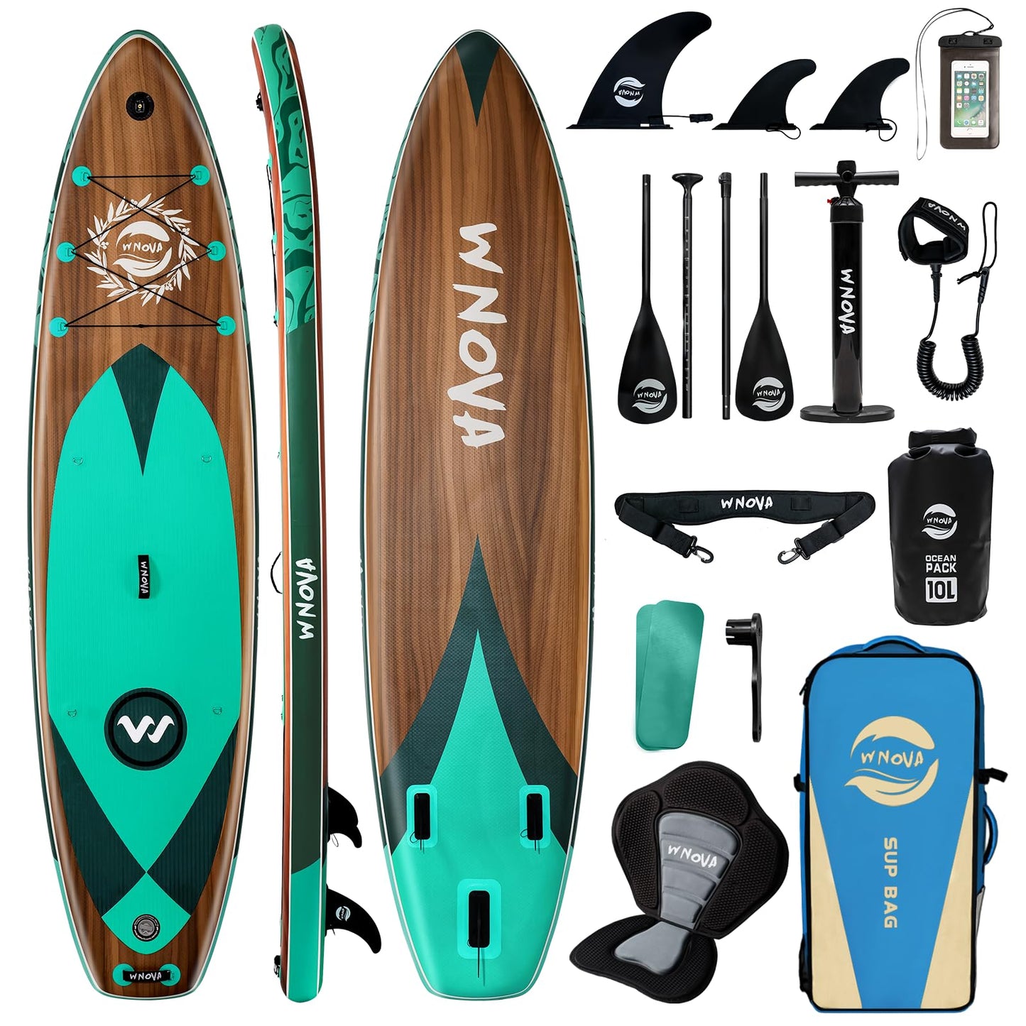 WNOVA 11'6" × 34" Extra Wide Inflatable Stand Up Paddle Board, Stable SUP with Premium SUP Accessories and Non-Slip Comfort Deck for Adults & Youth of All Skill Levels (Teak Zephyr/Kayak Seat)