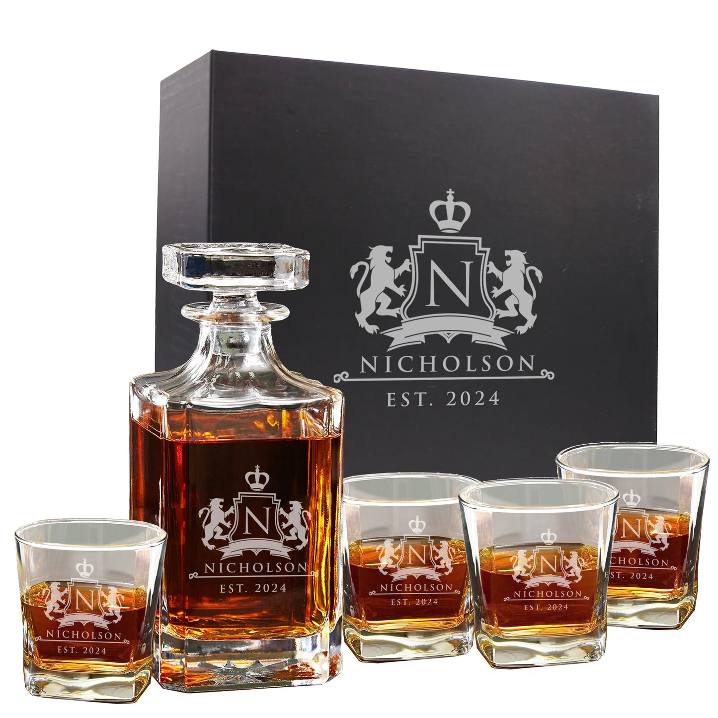 The Wedding Party Store, Custom Engraved Groomsmen - Whiskey Decanter Set and 4 Glasses Set - Personalized and Monogrammed with WPS Styles