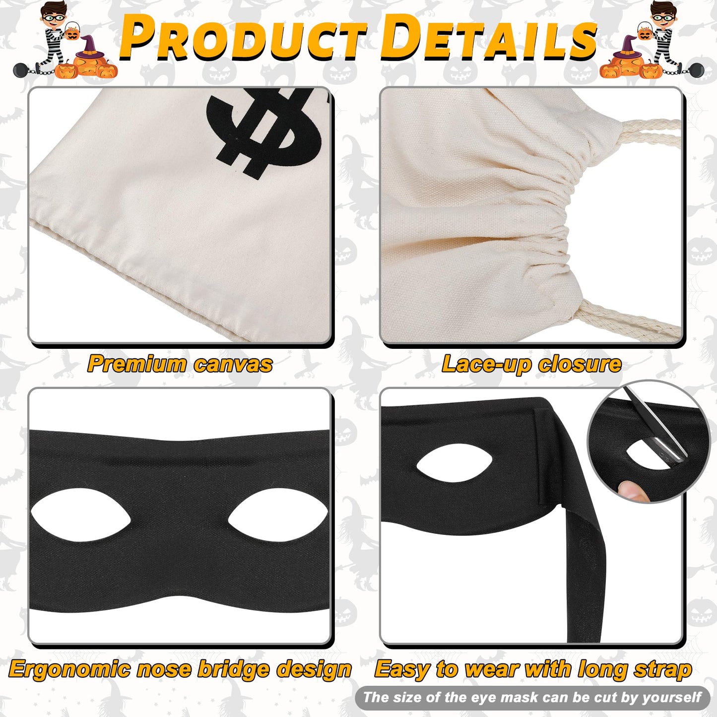 QZYL 8 PCS Robber Costume Set, Thief Cosplay Beanie Cap Gloves Eye Masks Canvas Money Bags for Halloween Burglar Theme Party