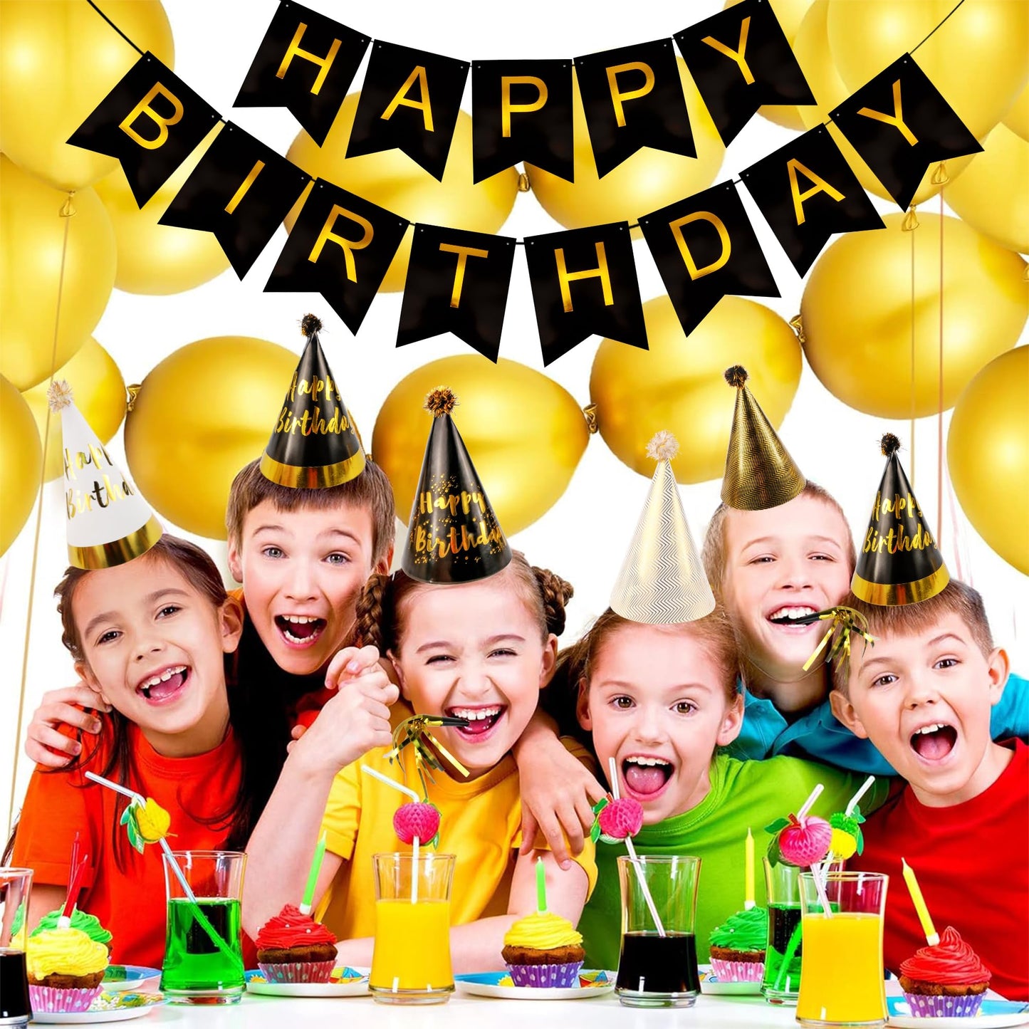 Exacoo 25Pcs Gold Birthday Cone Hat Set Includes 12 Gold Black White Party Hats for Adults 12 Gold Funny Noise Makers 1Pc Happy Birthday Banner Party Essentials Decorations Gorros de Cumpleaños