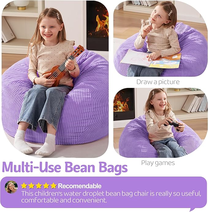 Homguava 2FT Bean Bag Chair,Teardrop Bean Bags Small Beanbag Chair with Memory Foam Filled and Ultra Soft Corduroy Cover for Living Room, Bedroom (Purple)