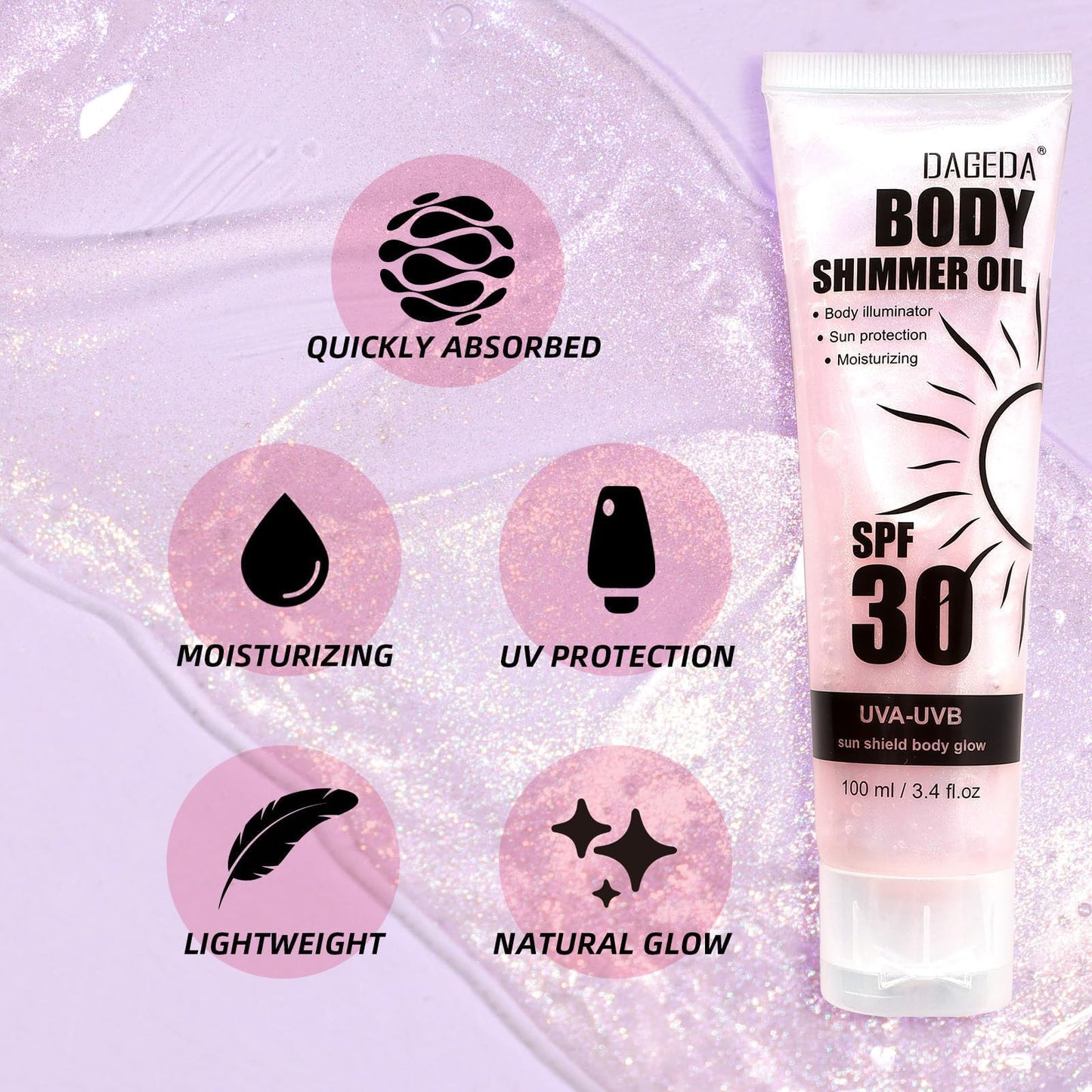 DAGEDA Body Glow Oil, SPF 30 Broad Spectrum Glitter Sunscreen, Lightweight, Non-sticky Sunscreen Body Shimmer, Sun Protection wi