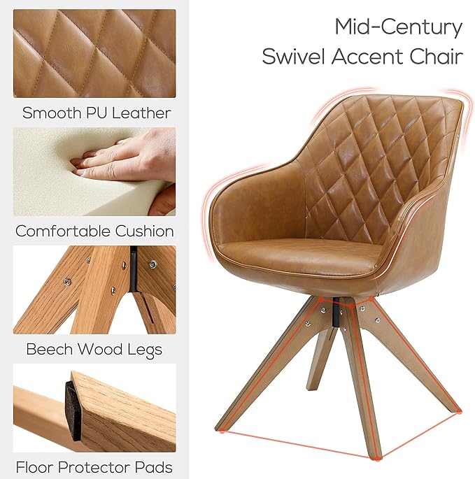 Art Leon Dining Chair - Mid Century Modern Swivel Dining Room Chair, Faux Leather Upholstered Arm Chair with Wood Legs for Living Room, Claybank