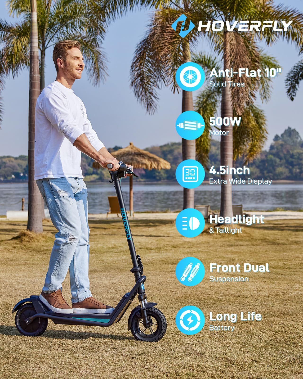Hoverfly X5 Electric Scooter for Adults, Anti-Flat 10" Solid Tire, Max 25 Mile Range and 20Mph Speed Power by 500W Motor,15% Uphill with Front Suspension Shock Absorber, Foldable Commuting Escooter