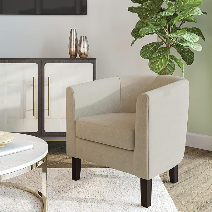 BELLEZE Accent Barrel Chair, Set of 2 Linen Round Club Tub Sofa Corner Chair with Flared Legs and Cozy Soft Padding for Living Room Bedroom Waiting Room - Beige