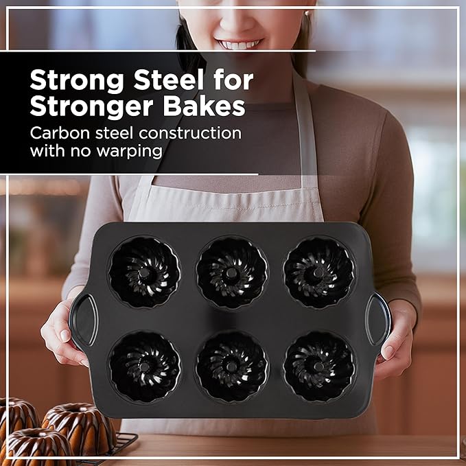 Wrenbury Swirl Buntz Pan for Baking Mini Non-Stick - 6 Cup Fluted Cake Tin for Small Cakes - PFOA Free and Dishwasher Safe - 3.75” Cup Width