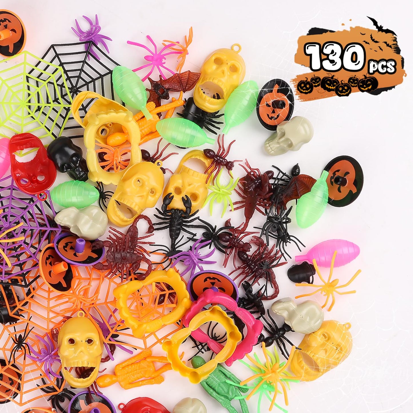 SULOLI 130pcs Halloween Party Toys Assortment, Halloween Toys Bulk for Kids Halloween Goodies Bags fillers Prizes Trick or Treat Classroom Party Supplies