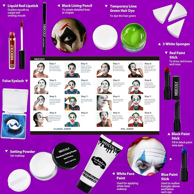 MEICOLY Joker Makeup Kit,Complete Joker Costume Clown Makeup,Clown White Face Paint Character Set for Halloween SFX Cosplay Stage Performance Theatre,Green Hair Dye,Setting Powder,Red Lip Gloss
