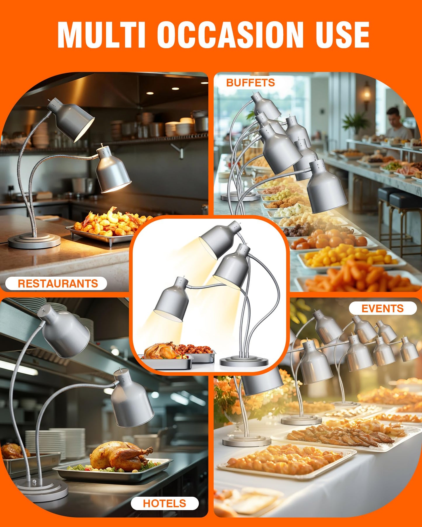 PYY Food Heat Lamp - 750W Steady Heating Commercial Food Warmer Lamp, 3 Bulbs Included, Heavy Base for Stability & Stainless Steel Build, 17.3 lbs Ideal for Catering, Restaurant, Buffet, (3-Head)