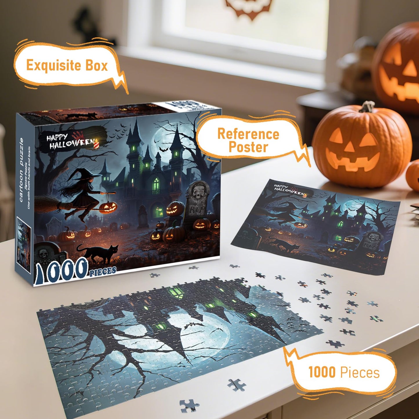 Halloween Puzzles 1000 Pieces-Creative Play & Haunted House Pumpkin,Witch,Ghost,Grave Theme Puzzles-for Holiday Party Gifts or Halloween Home Decorations