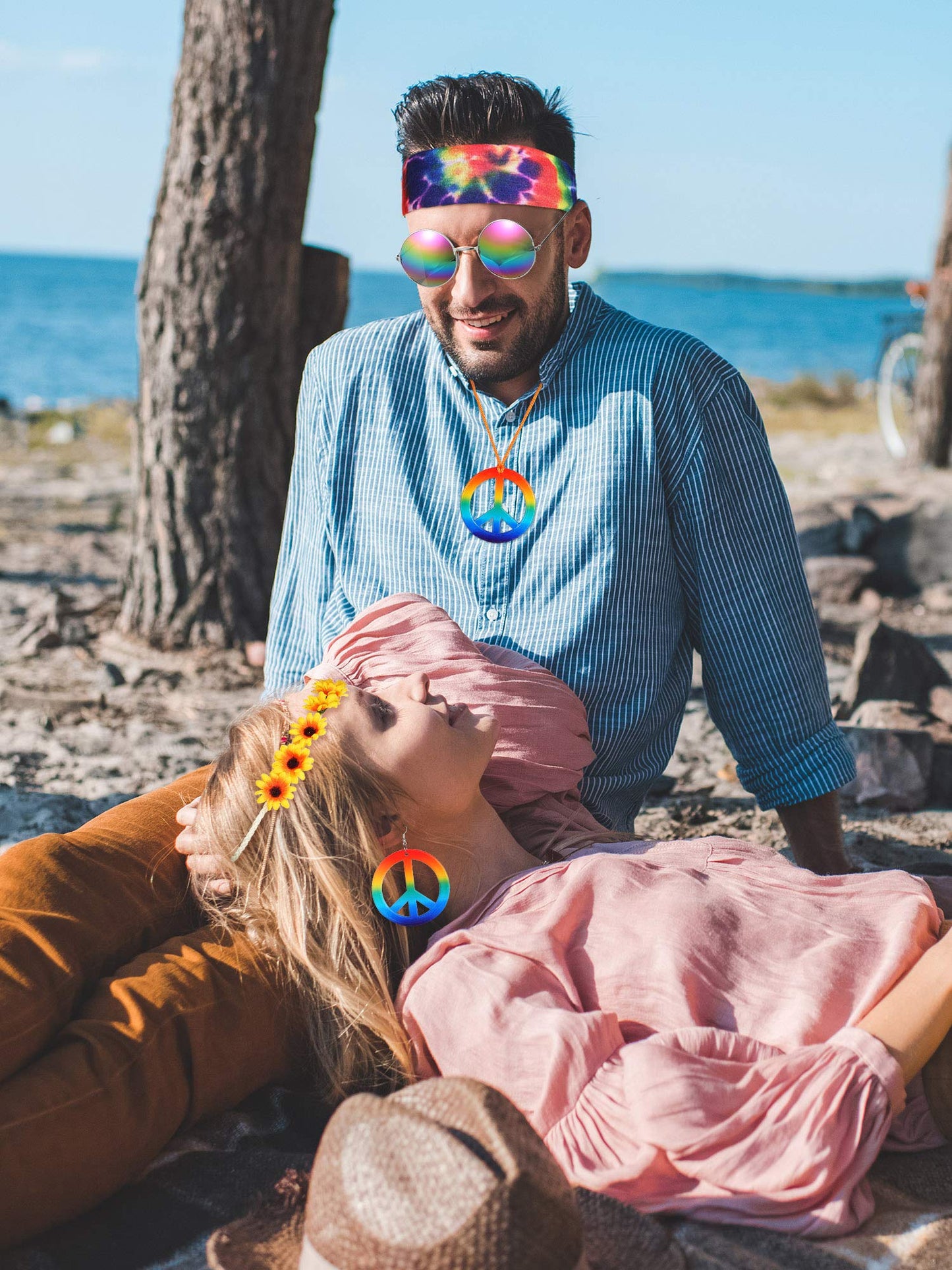 Frienda 5 Pcs Hippie Costume Set Glasses Headband Peace Sign Earrings Necklaces Tie Dye Bandana Hippie Accessory for 60s 70s(Rainbow Style)