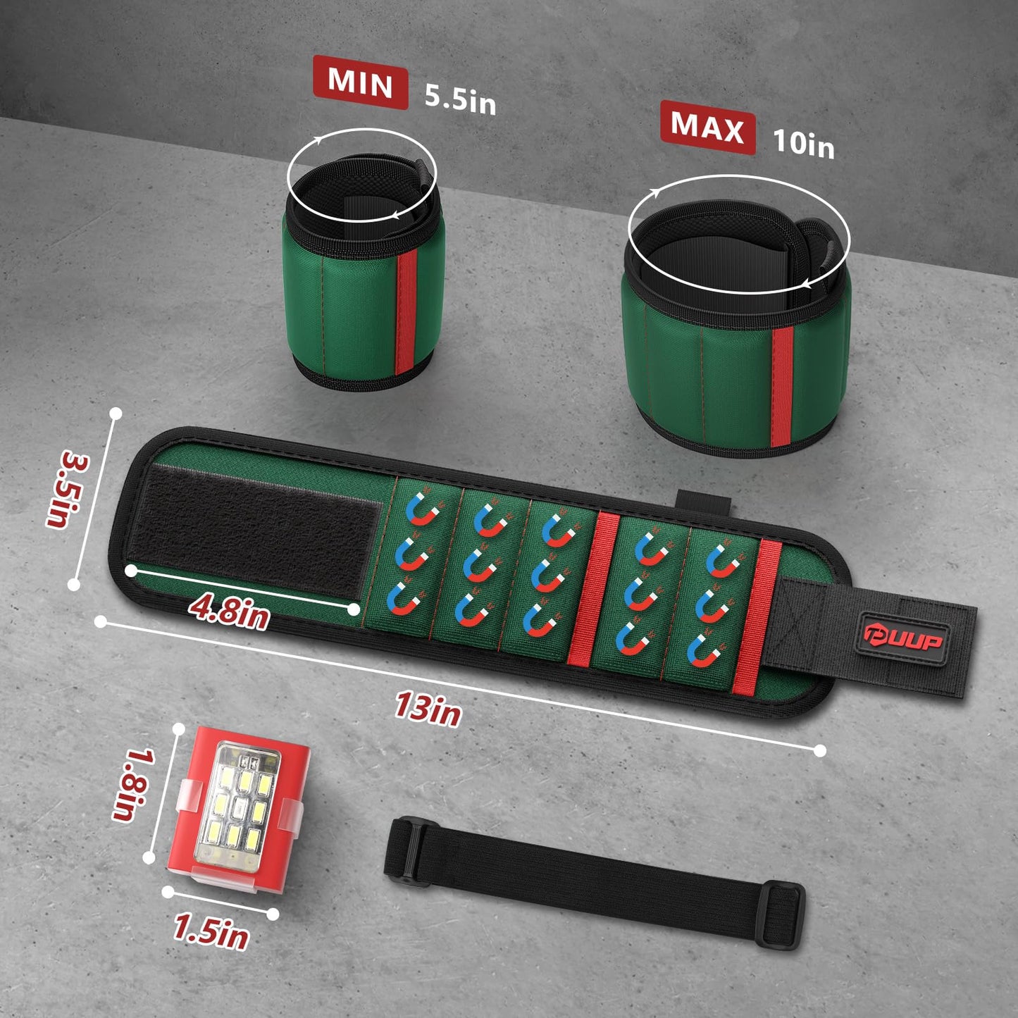 UUP Magnetic Wristband for Tools, Tool Belt Wrist Band with LED Light, 15 Powerful Magnet, Adjustable Wrist Screws Holder, Birthday Gift for Men, Him, Dad, Fathers Day, Mechanics, Woodworker, Handyman