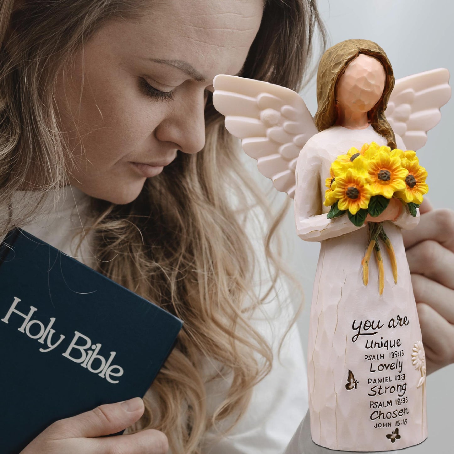 AUMELO Christian Gifts for Women Birthday Unique, Religious Gifts for Women, Friends, Mom, Sister-Spiritual Inspirational Gift, Hand-Painted Sunflower Angel Figurine