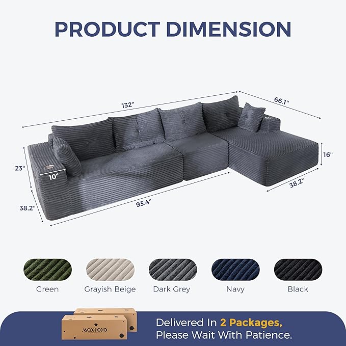 MAXYOYO 132" Oversize Modular Sectional Couch with L-Shape Chaise, Modern Boneless Couch for Living Room, Sofa in A Box, Oversized Sofa Sleeper with Deep Seat, No Assembly Required, Dark Grey