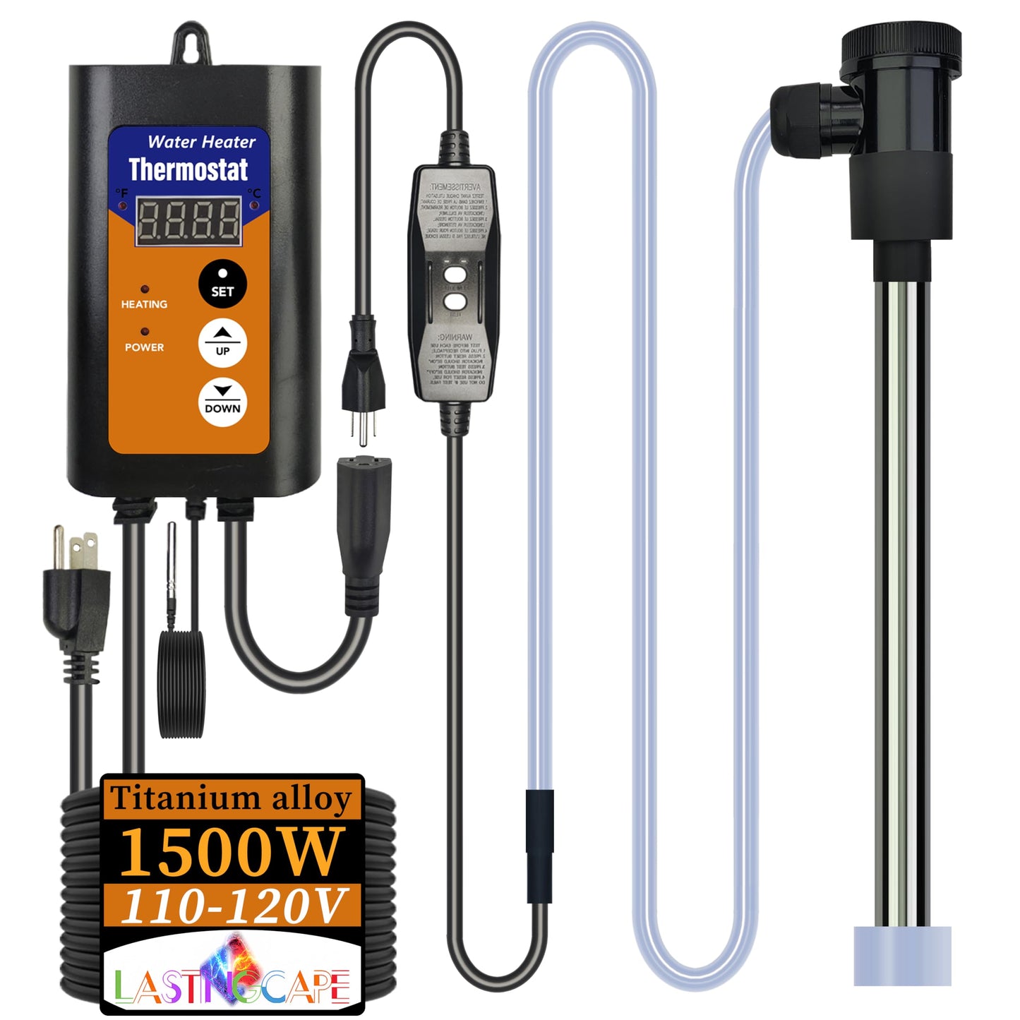 LASTINGCAPE 1500W Titanium Fully Submersible, Portable Electric Hot Tub & Pool immersion Water Heater with Temp Control, GFCI for spa tub, Bathtubs, Baptistry Pool, inflatable pool & above ground pool