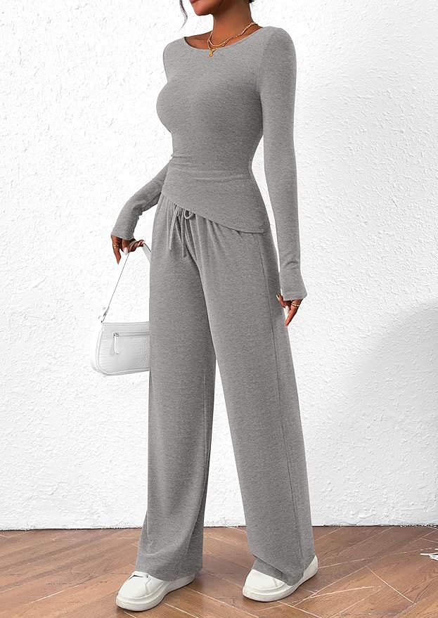 PRETTYGARDEN Women's 2 Piece Lounge Sets Asymmetrical Long Sleeve T Shirt Wide Leg Pants Casual Outfits Tracksuit