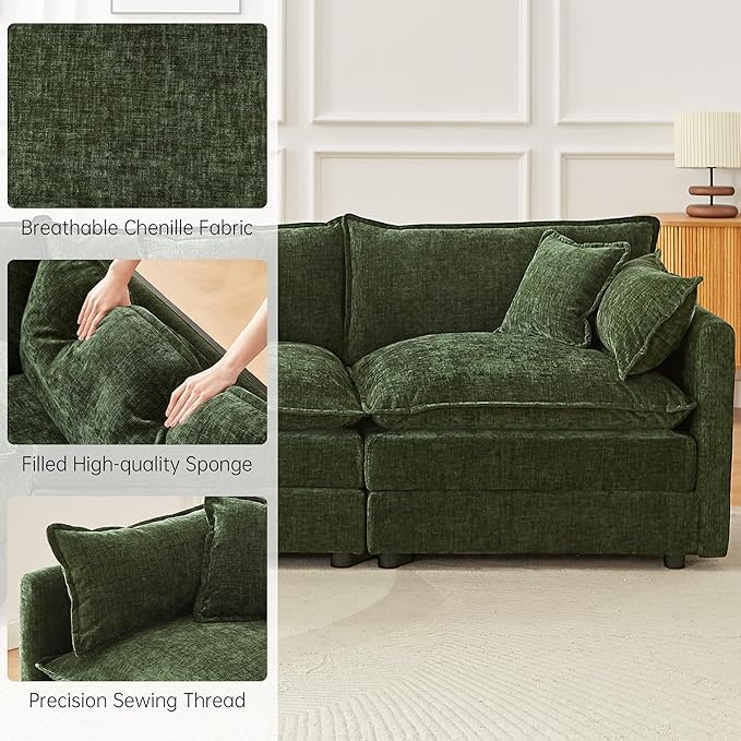 saows Modular Sectional Sofa, 147.2 Inch U Shaped Couch Set with Armrests, 4-Seater Comfy Cloud Couches with Movable Ottoman for Living Room Apartment, Green