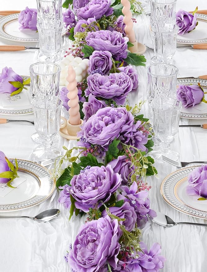 DearHouse Artificial Peony Flower Garland - 6ft/Strand Silk Peony Garland with Pink Flowers for Wedding Party Table Decoration,Deep Ruby (Wisteria)