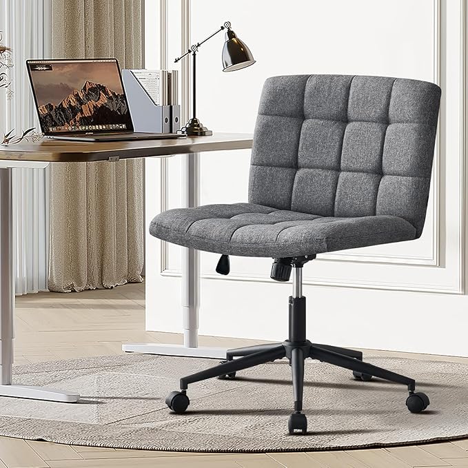 Furnimart Criss Cross Desk Char Wide Seat with Wheels, 360° Swivel Cross Legged Desk Chair Thick Cushion, Comfy Armless Home Office Chair for Bedroom, Vanity, Sturdy (Linen Gray)