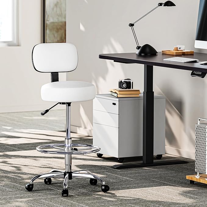 SUPERJARE Drafting Chair with Back, Adjustable Foot Rest Rolling Stool, Multi-Purpose Office Desk Chair, Thick Seat Cushion for Home Bar Kitchen Shop - White