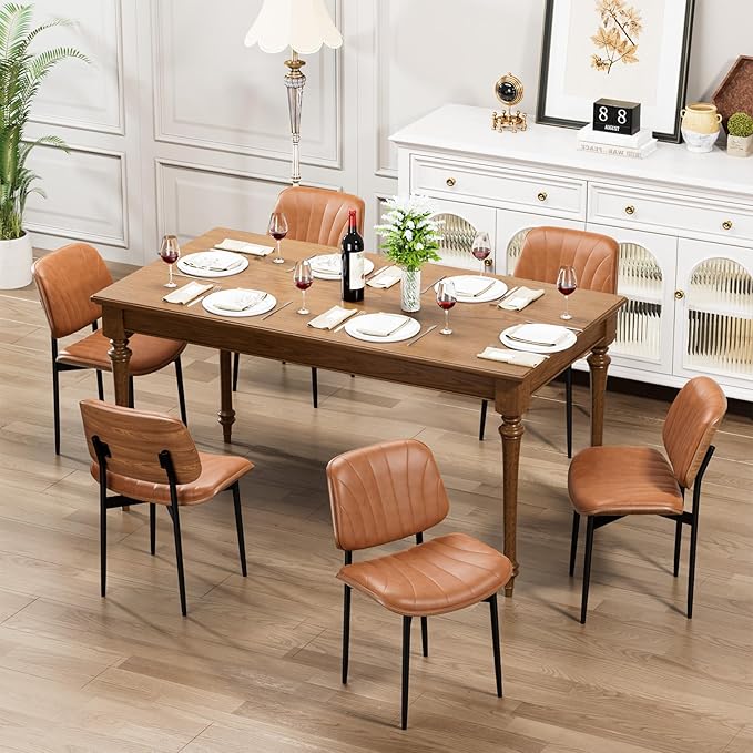 YaFiti Dining Chairs Set of 6, Dining Room and Kitchen Chairs, Mid Century Modern Accent Chair, Upholstered PU Leather Chairs for Vanity with Walnut Bentwood and Metal Legs, Light Tan