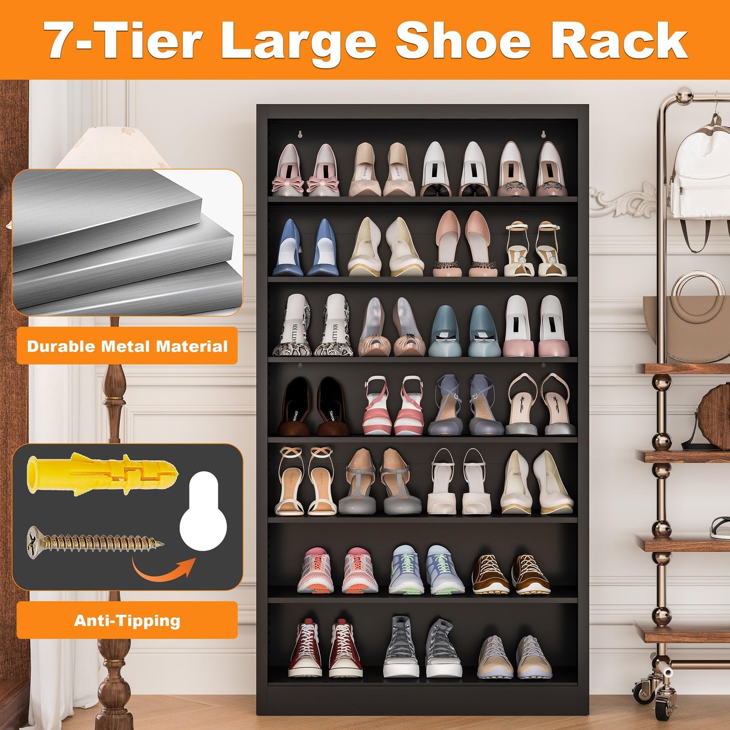 VASAAOSD Shoe Rack for Entryway, 7-Tier Shoe Cabinet with Adjustable Shelves, Freestanding Shoe Organizer, Black Shoe Storage Cabinet for Entrance, Hallway, Living Room
