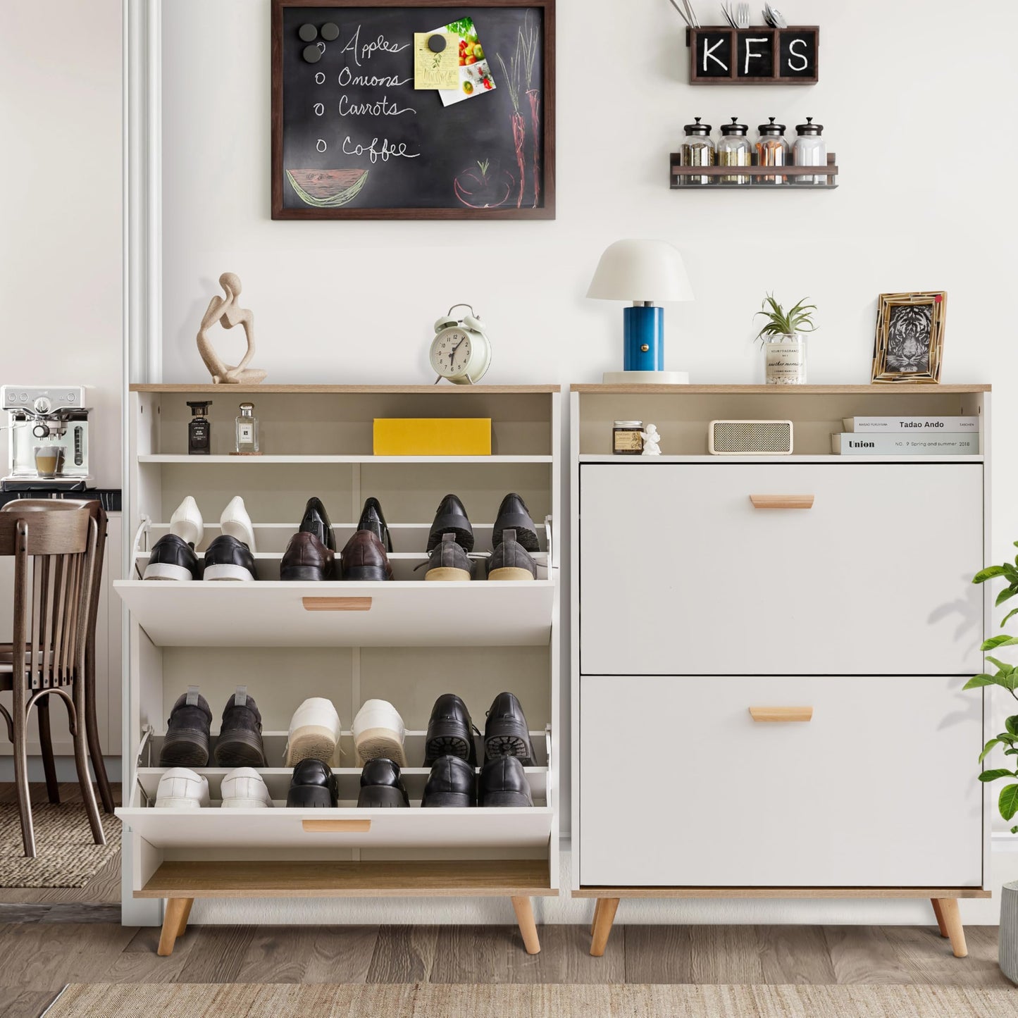 Slim Shoe Storage Cabinet with 2 Flip Drawers & Adjustable Shelves - Freestanding Entryway Shoe Organizer with Storage Compartment (Narrow Design with Legs)