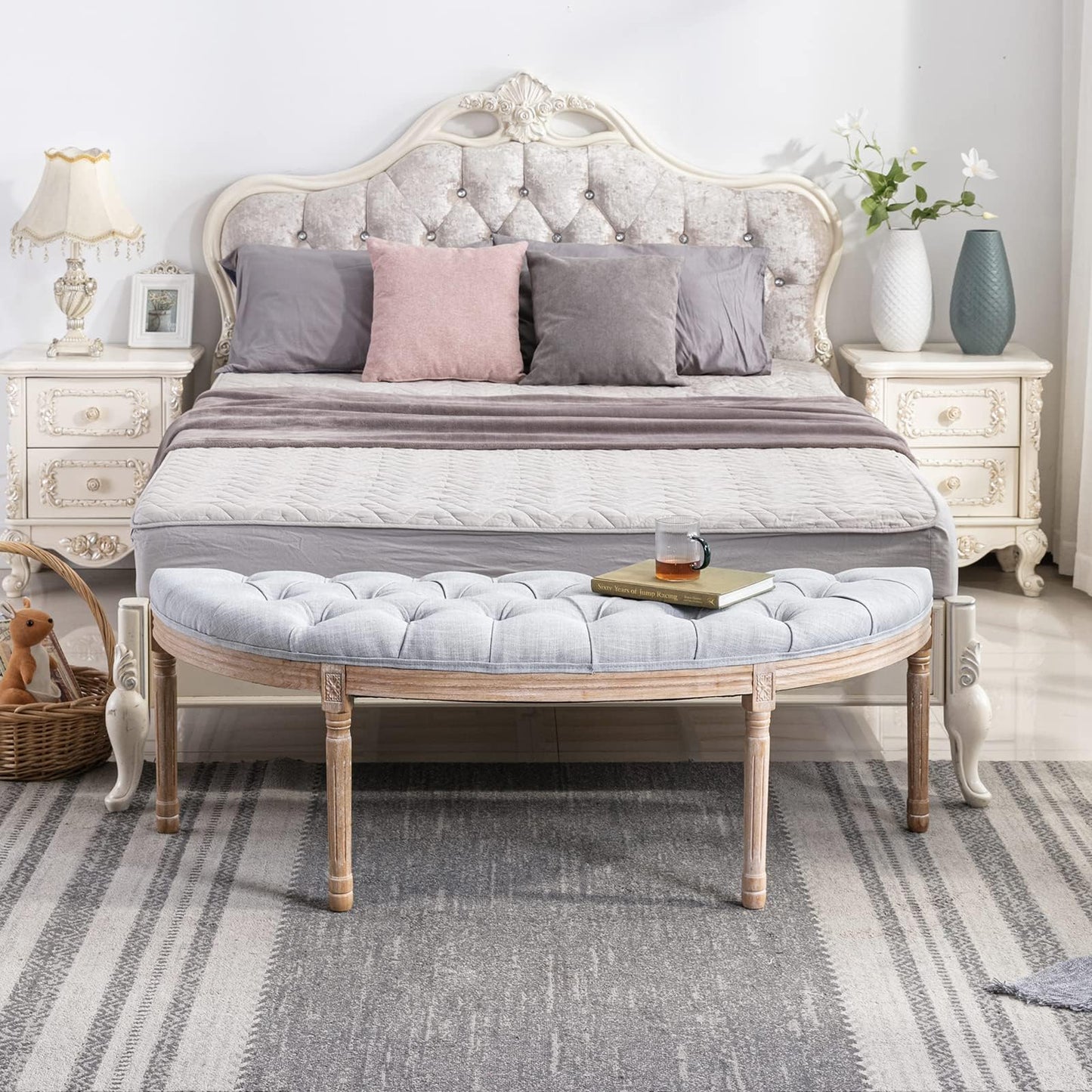 LZAREAL 55" End of Bed Bench Vintage Half Moon Upholstered Fabric Semi-Circle Entryway Bench with Padded Seat & Rubberwood Legs, Tufted Dining Bench for Dining Room Bedroom Living Room Hallway, Grey