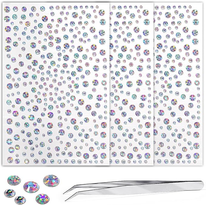 Self Adhesive Face Gems and Pearls for Makeup, Festival Jewels, Hair Gems, Rhinestone Stickers for Face, Eye, Makeup, Nail, Body, Crafts 3/4/5/6 mm 975Pcs (03.gem_whitelabar)