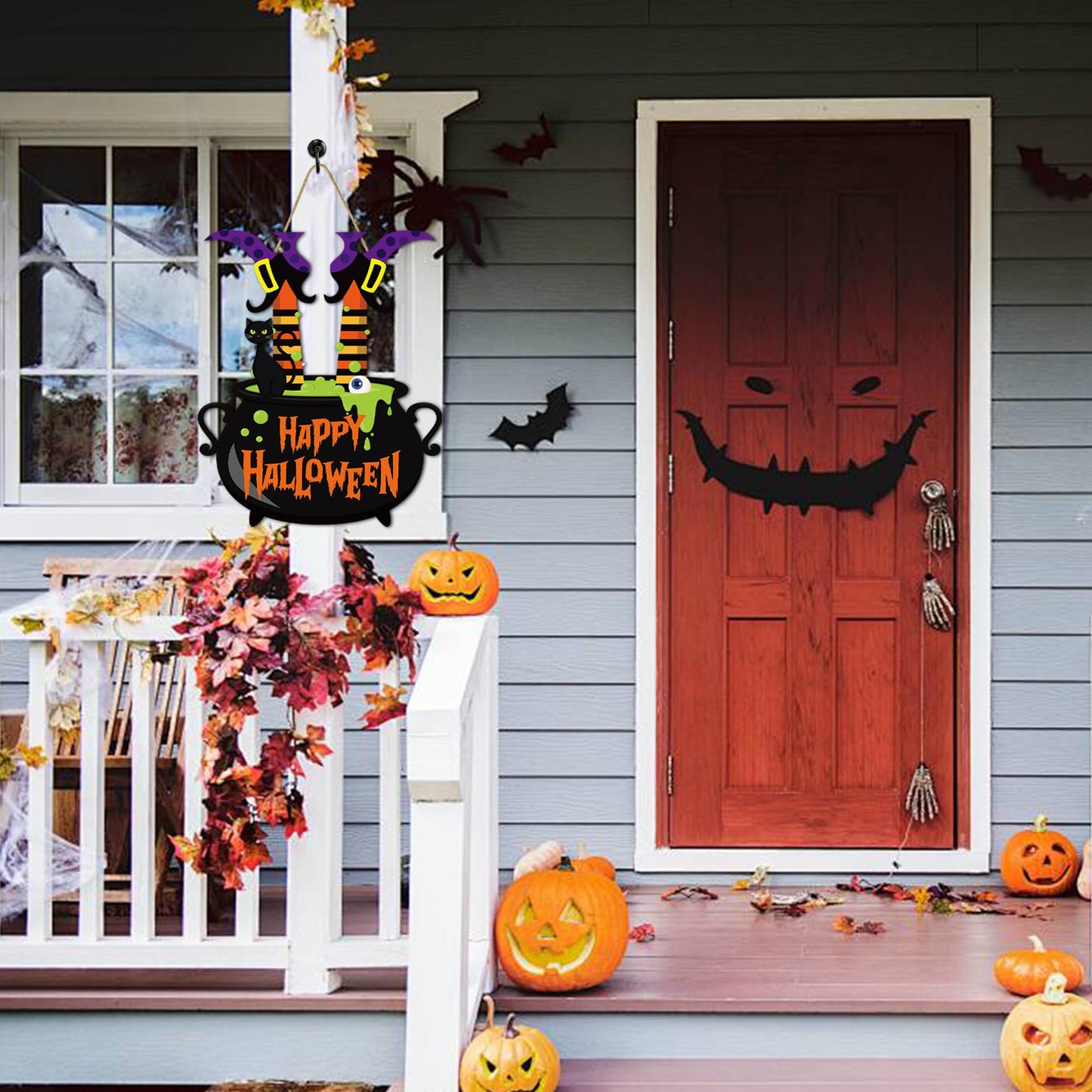 Halloween Witch Door Sign Happy Halloween Wooden Sign Plaque Witch Leg Front Door Hanging Decor Wood Welcome Signs for Home Farmhouse Hanger Porch Wall Decor Witches Party Supplies