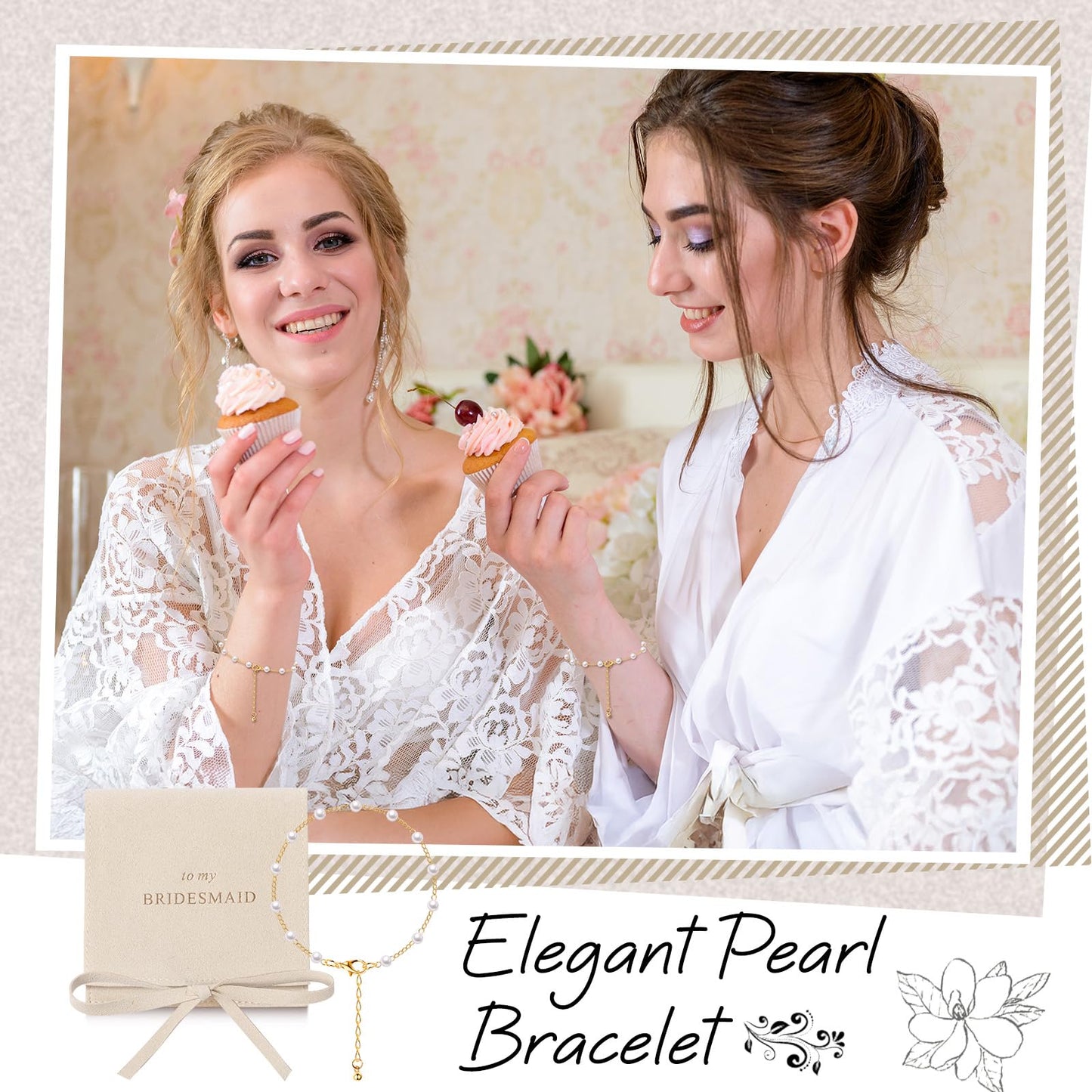 Quelay 16 Pcs Jewelry Bridesmaid Gift Pearl Bracelet Microfiber Jewelry Bag Pouch Set of 8 for Wedding Bridal Party Favor(Beige, Gold,Bow Tie)