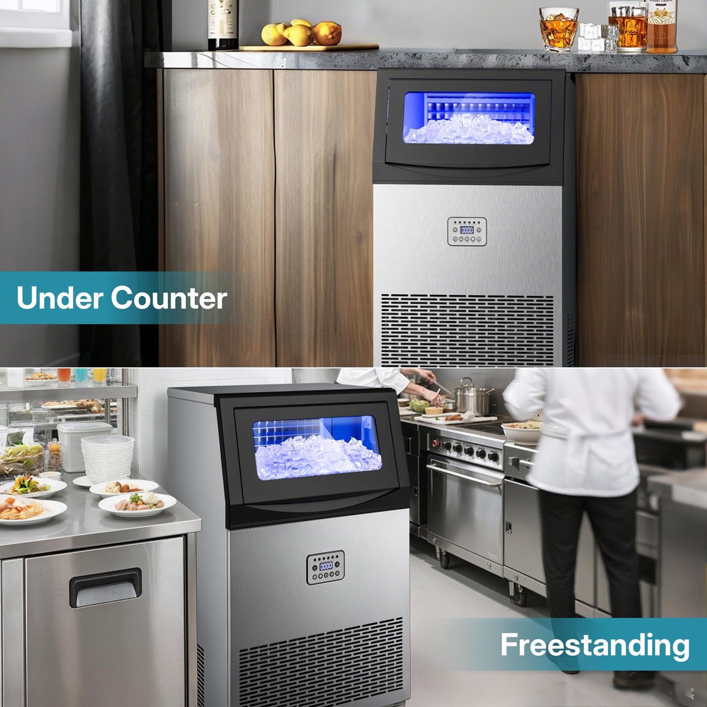 Manastin Commercial Ice Maker, 120lbs/24H Large Ice Machine, 33lbs Storage Capacity, 50 Ice Cubes/15 Mins, Under Counter Ice Maker with Water Filter, Self-Cleaning, Timer, for Home & Bar