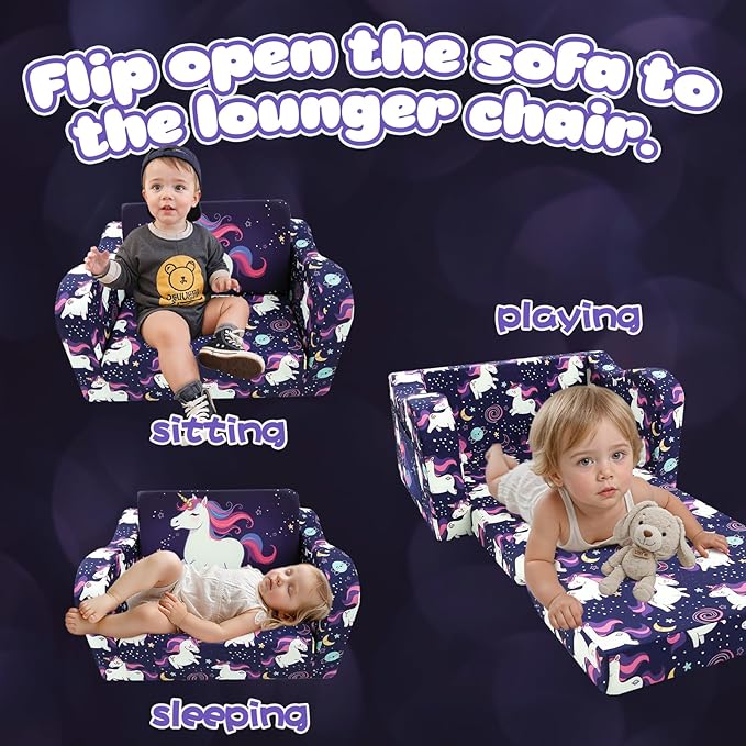 MeMoreCool Kids Folding Couch – Purple Unicorn Toddler Chair, Fold-Out 2-in-1 Sofa Bed Comfy Foam Seating, Washable Cover, Armrests & Side Pocket for Playroom or Nursery Ages 1–3