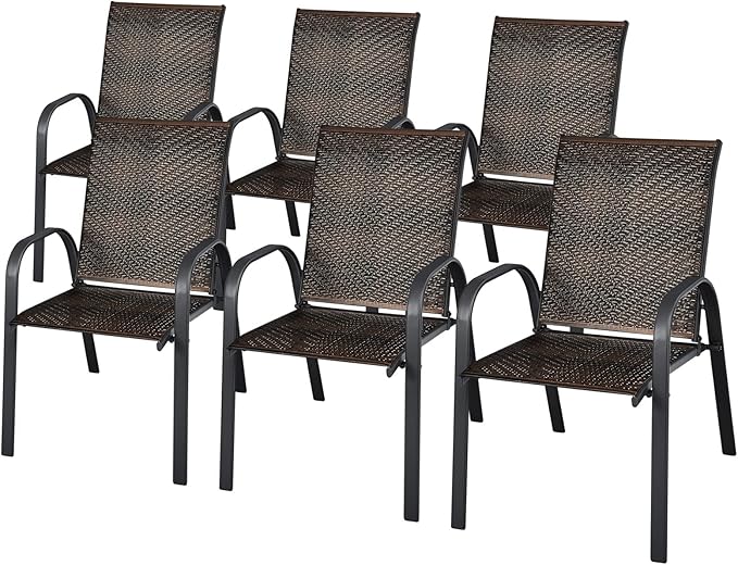 HAPPYGRILL 6 Pack Stackable Dining Chairs Outdoor PE Wicker Patio Arm Chairs with Rustproof Steel Frame, Bistro Deck Chairs for Backyard Garden and Poolside