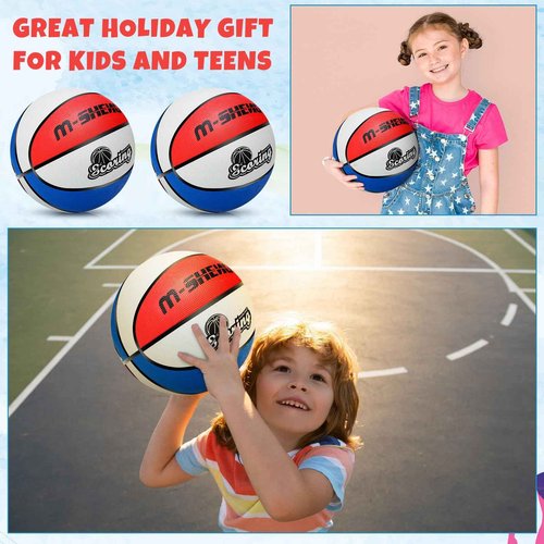 Jenaai 12 Pieces Rubber Basketballs Bulk Official Size 5 (27.5") Kids Youth Basketball Outdoor with Pump for Training and Play Teen Boys and Girls Gifts(Blue White Red)
