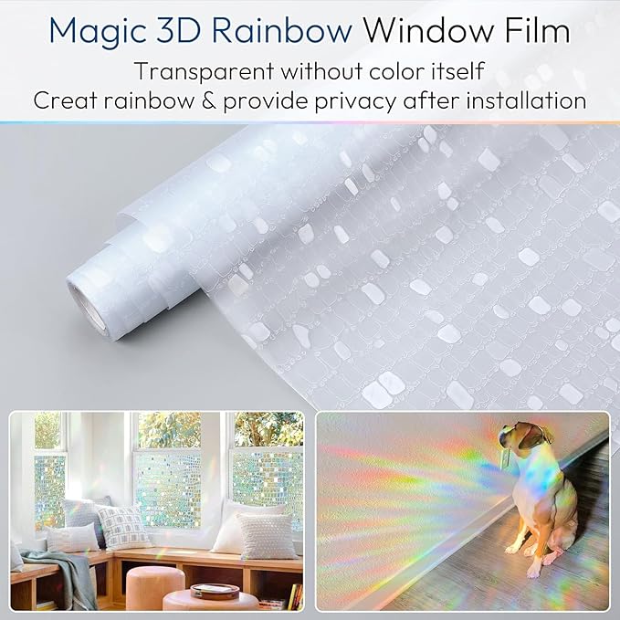 rabbitgoo Window Privacy Film Rainbow Window Film, Mosaic Decorative Stained Glass Cling, Removable Static Cling Tint UV Blocking, Non-Adhesive Privacy Covering, 23.6 x 78.5 inches