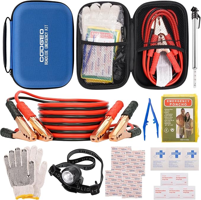 Car Roadside Emergency Kit with Battery Jumper Cables,Car Accessories for Men or Women,Automotive Safety Kit for Car,Vehicle, Truck or SUV,Gifts for Men or Him, Blue