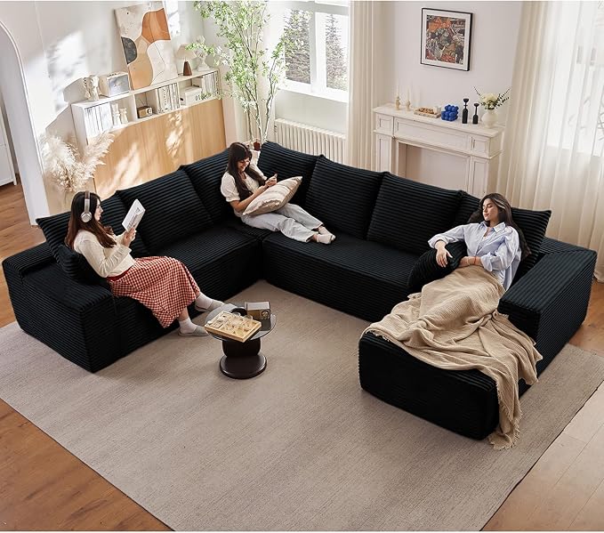 137" Cloud Sectional Couch with L-Shape Chaise, Modern Corduroy Boneless Couch for Living Room,Memory Foam Sofa with Deep Seat,No Assembly Required (Black,Right-Facing Chaise)