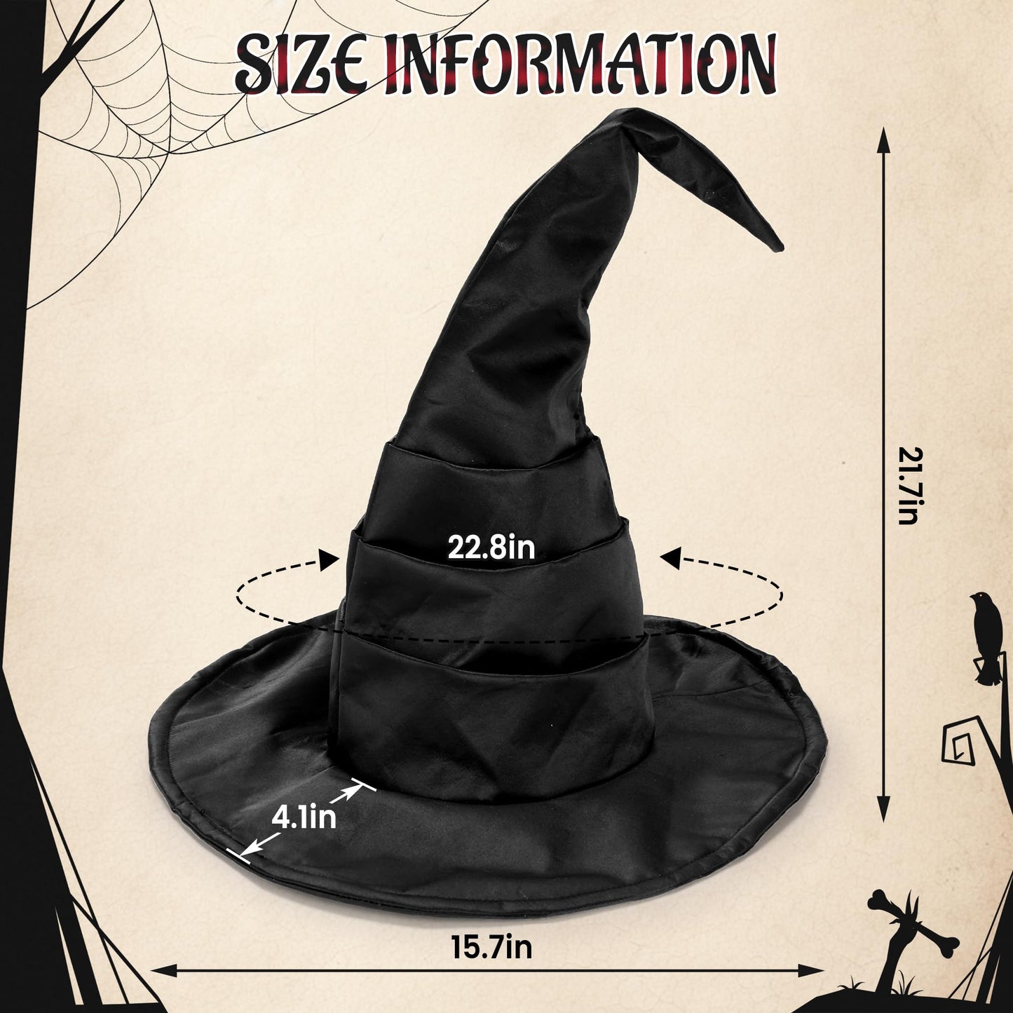 Ibeauti Women Halloween Witch Hat Long Ruched Black Witch Costume Hat Accessory (Black)