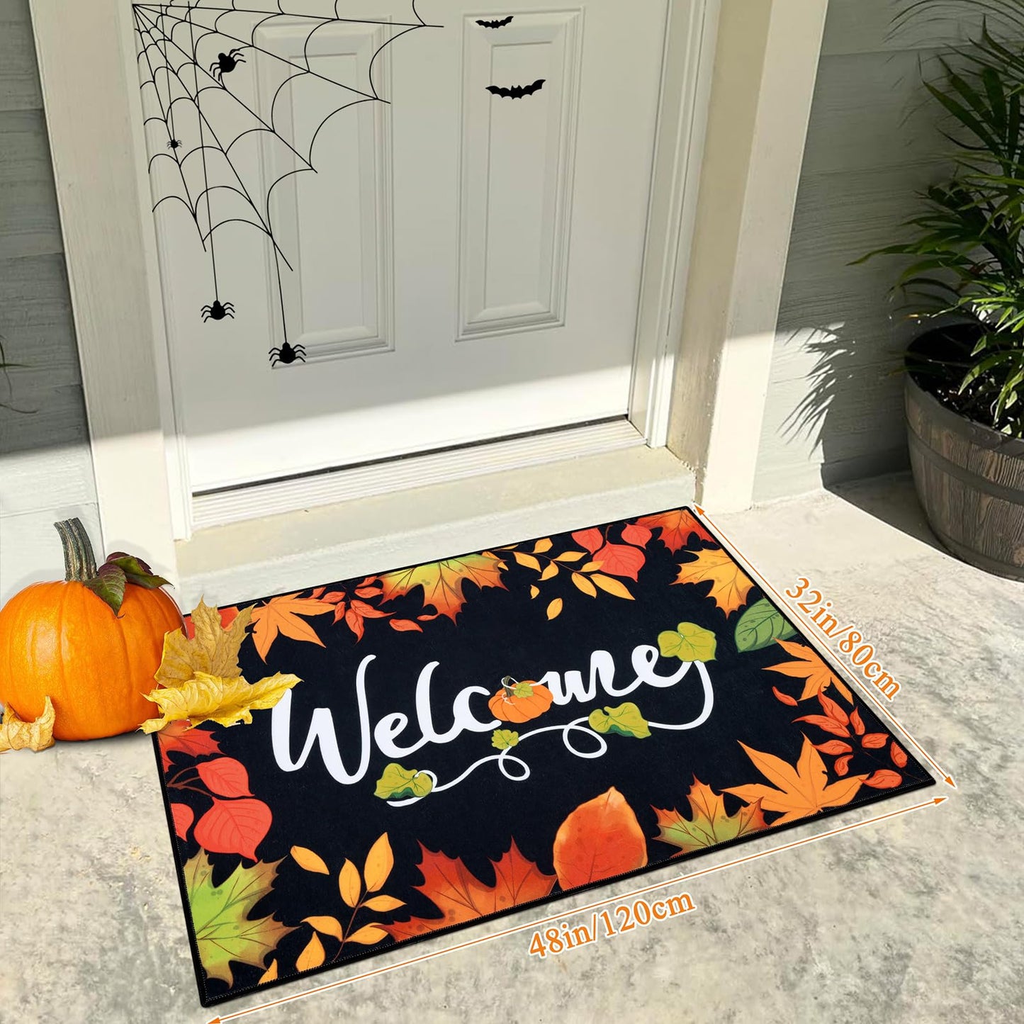 Ileading Fall Door Mat 32"x48", Hello Pumpkin Doormat, Washable Non Slip Welcome Mats for Front Door, Autumn Harvest Thanksgiving Entry Mat Indoor Outdoor Low Profile Floor Mat for Entryway
