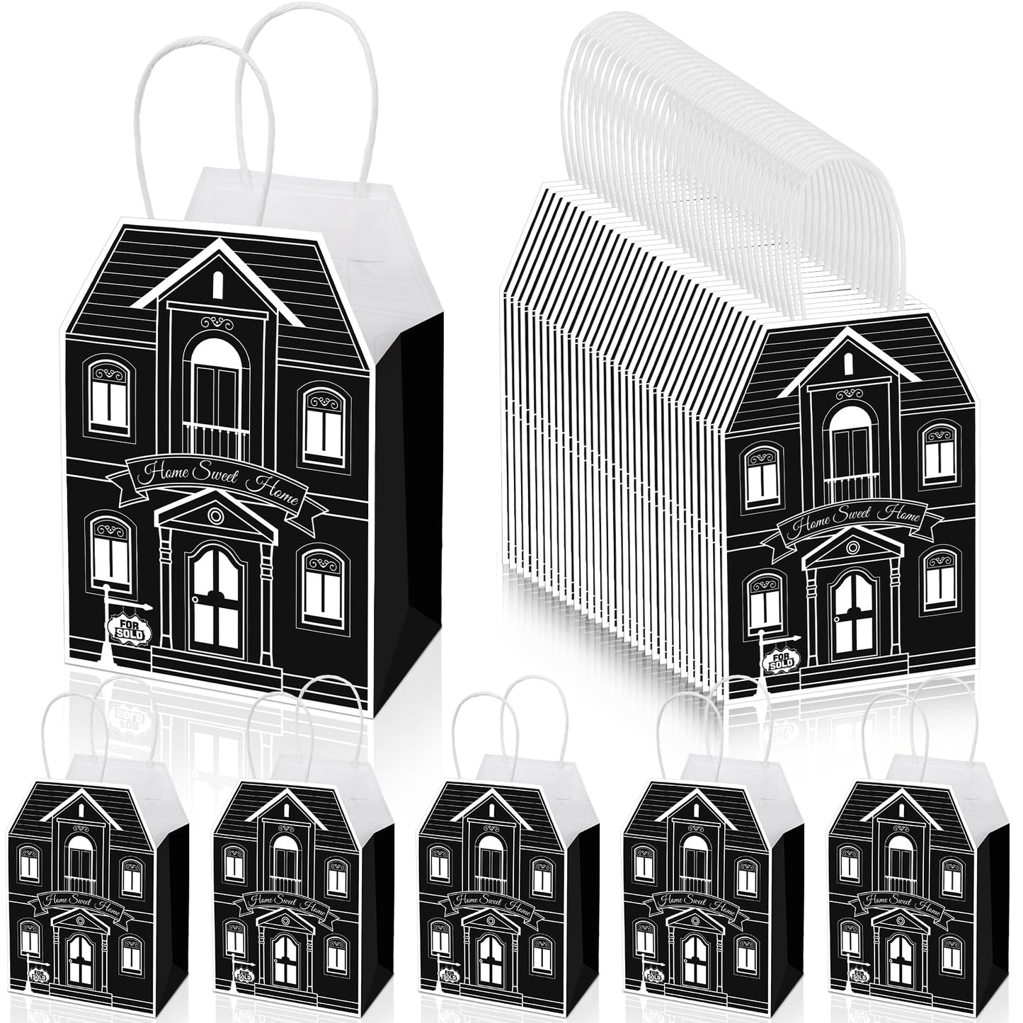 Colarr 50 Pcs House Shaped Gift Bag Real Estate Agent Supplies Real Estate Treat Bag with Handles Kraft for Home Party Gift Shopping Business New Home Buyers Agent Supplies(Black)