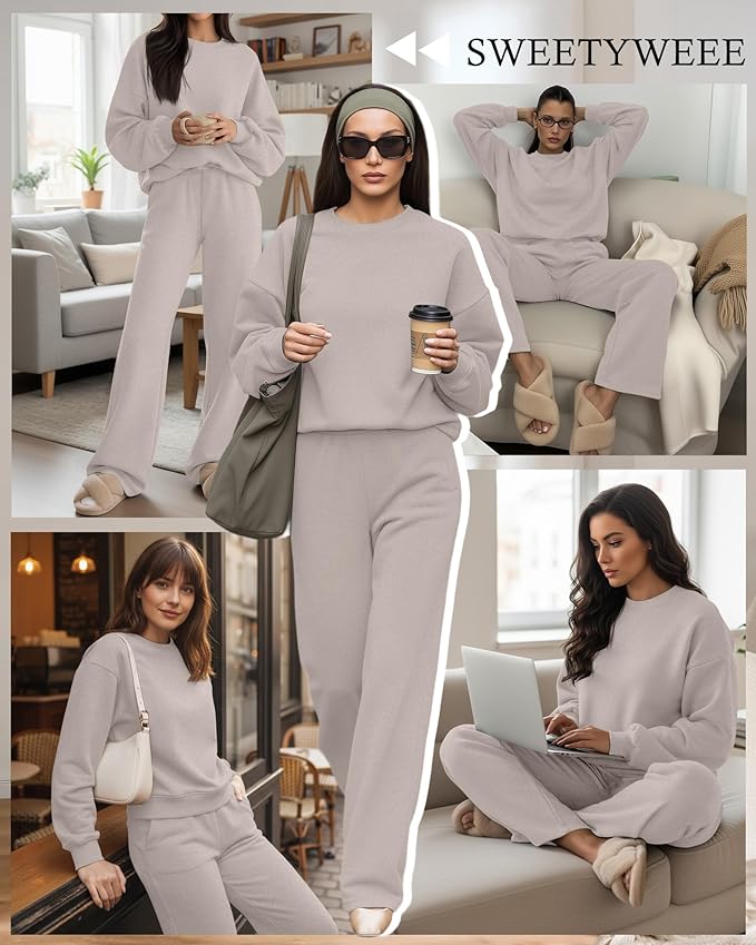 Sweetyweee Women's 2 Piece Outfits Set Fleece Lined Lounge Sweatsuit Crewneck Pullover Top Wide Leg Pants Casual Tracksuit