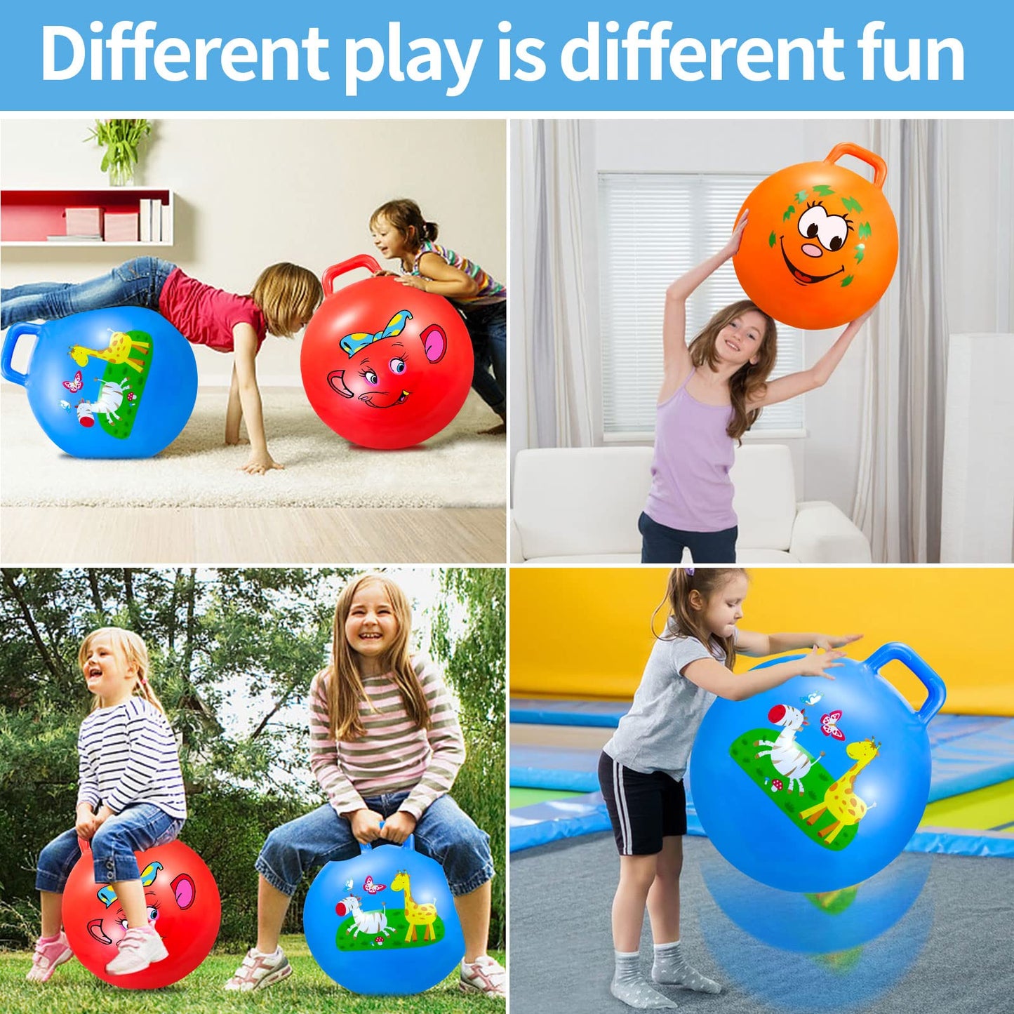 Bouncy Balls with Handle for Kids, Ride On Toys Balls for Kids 3 4-8, 3 Pack Hopper Ball 18 Inch Size with Air Pump for Kids Jumping Sports Ride Games Balance Exercise Indoor Outdoor Fun