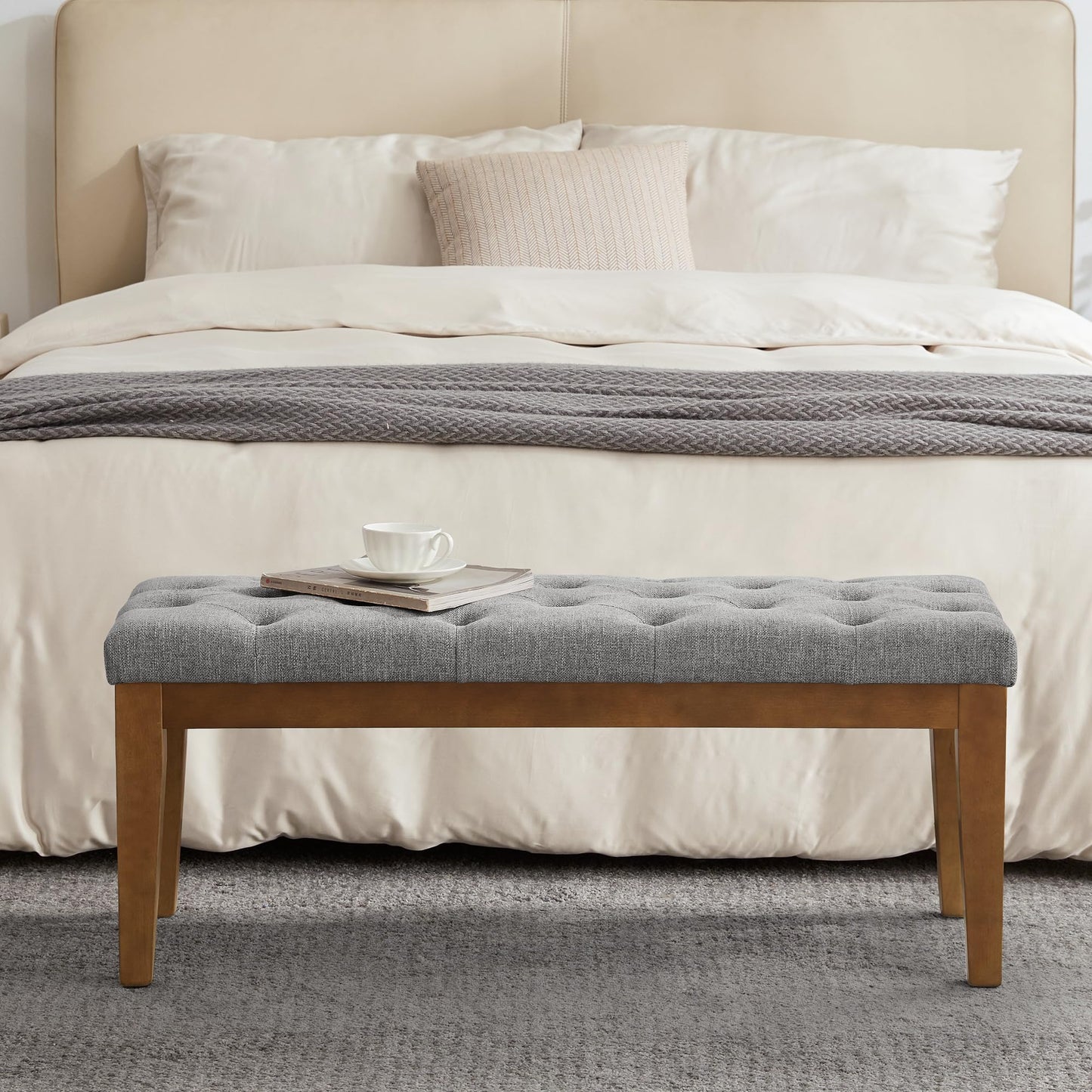 HUIMO Bedroom Bench End of Bed, Upholstered Dining Bench for Kitchen, Button-Tufted Entry Bench, Fabric Ottoman Bench for Living Room, Entryway,Grey, BEN2-4