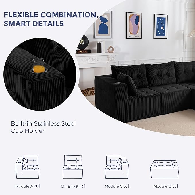MAXYOYO Modular Sectional Sofa Couch, L Shaped Modern Cloud Couch with 1 Ottoman, Sofa in A Box, Tufted 4-Seat Boneless Sleeper Chair for Living Room, No Assembly Required, Black