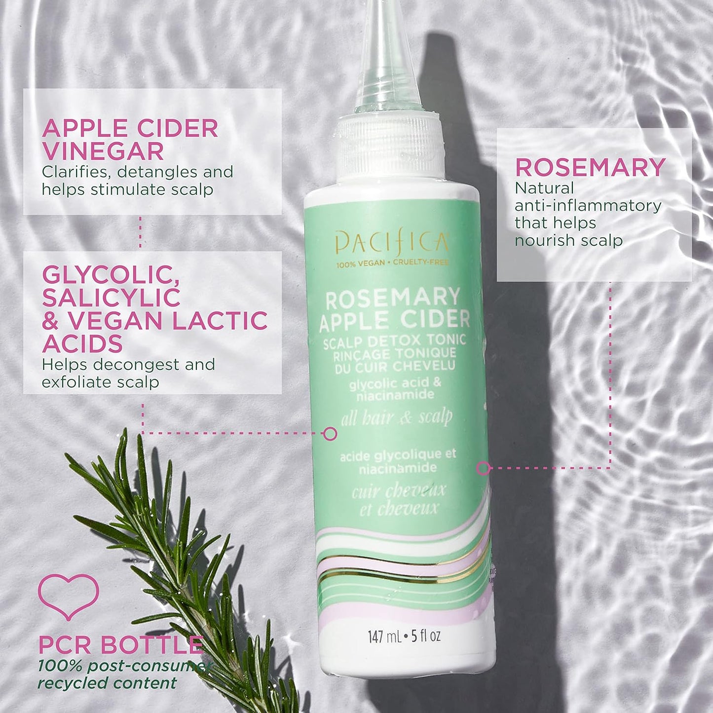 Pacifica Scalp Detox Tonic – Rosemary Apple Cider Scalp Exfoliator - Scalp Scrub w/ Salicylic Acid for Clarifying Build Up & Purifying - Itchy, Dry Scalp Treatment , Vegan & Cruelty-Free, 5 oz